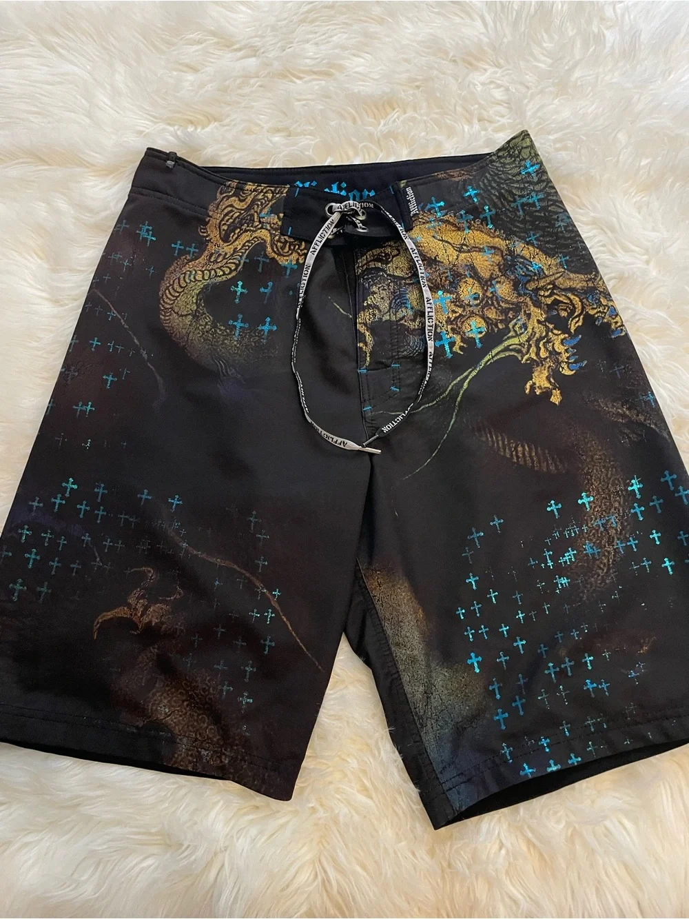 Afflictions Men's Board Surf Swim Activewear Trunks Dragon Cross Y2K Shorts 32